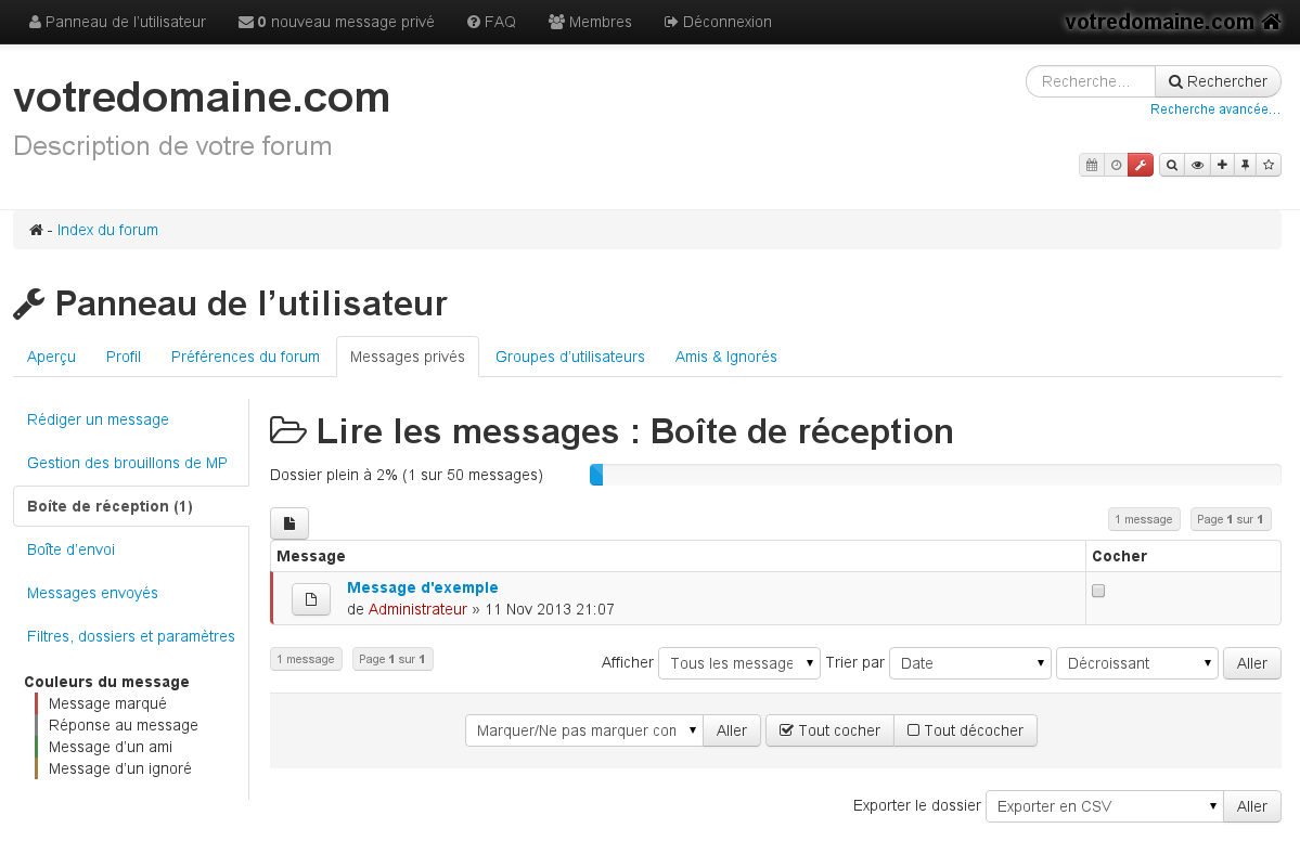 Capture d'écran de phpBB présentant la messagerie